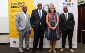 MEMSA CEO, Mr Lehlohonolo Molloyi, with interim Chair Mr Bruce Ndlela, incoming Chair Mr Innocent Masinga and the dtic Ms Tshepiso Kadiaka